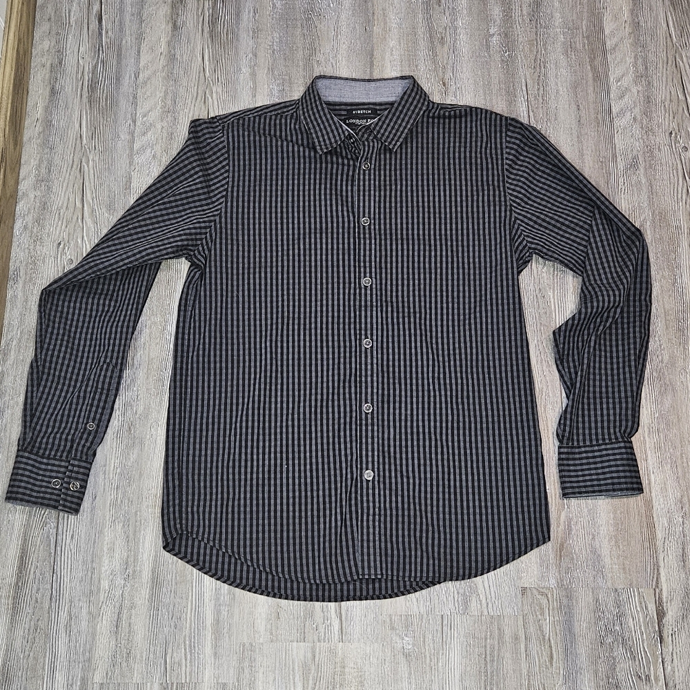 London Fog Stretch Micro-Check Button Down Shirt Men’s M Charcoal
